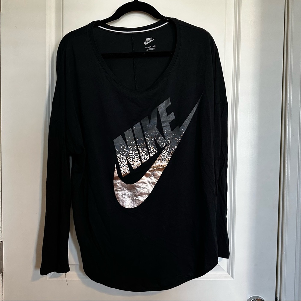 Nike Women's Black Long Sleeve Top with Metallic Logo